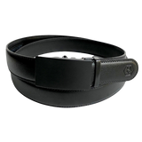 Black leather ratchet belt with black buckle, front view