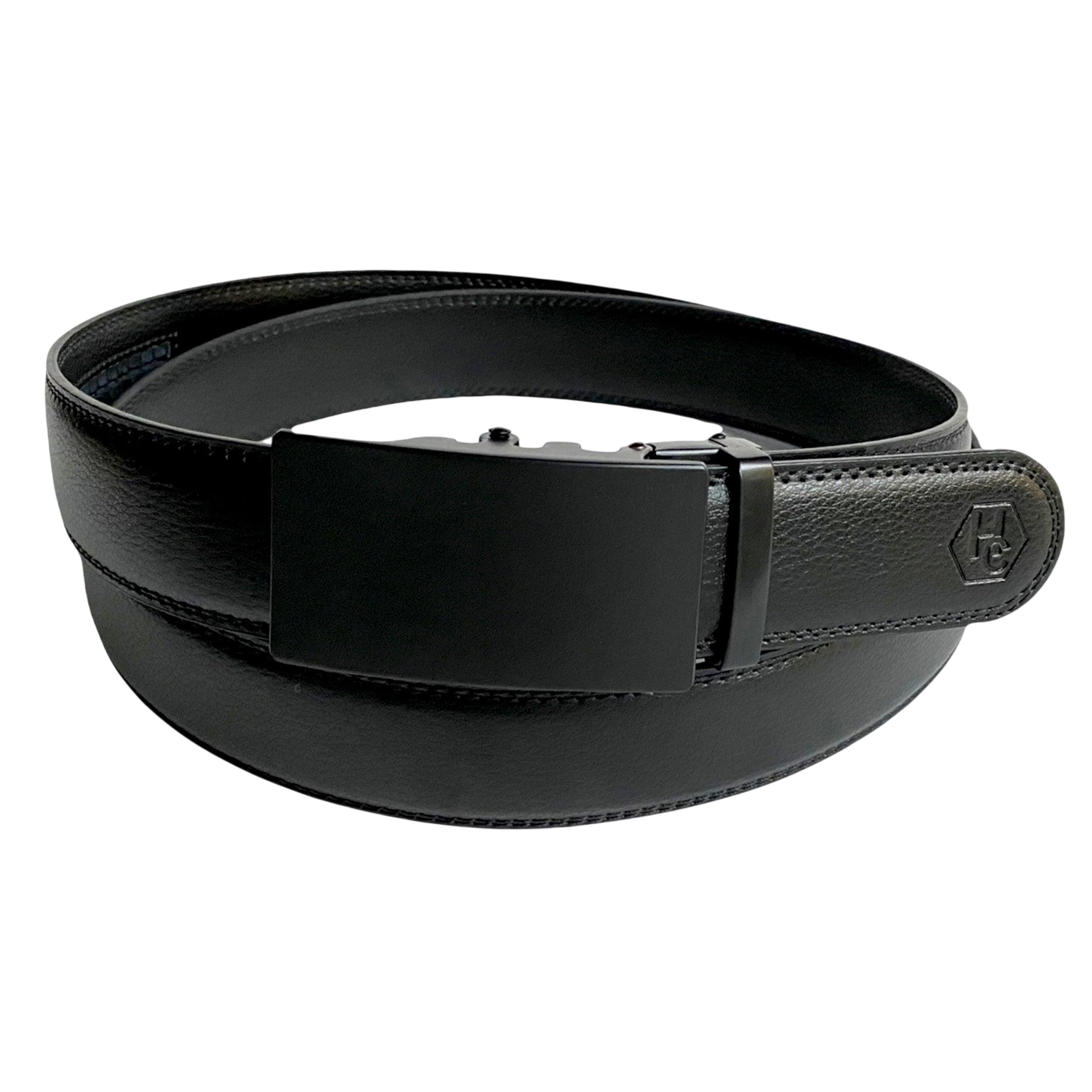 Black leather ratchet belt with black buckle, front view