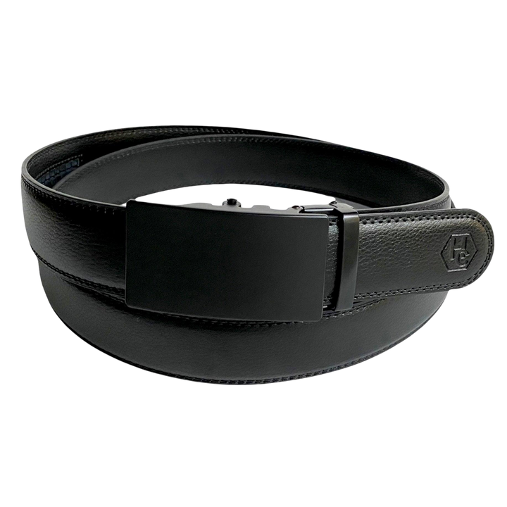 Black leather ratchet belt with black buckle, front view