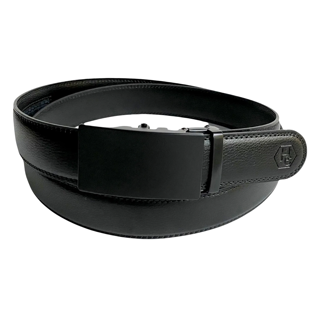 Black leather ratchet belt with black buckle, front view