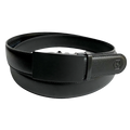Black leather ratchet belt with black buckle, front view