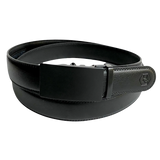 Black leather ratchet belt with black buckle, front view