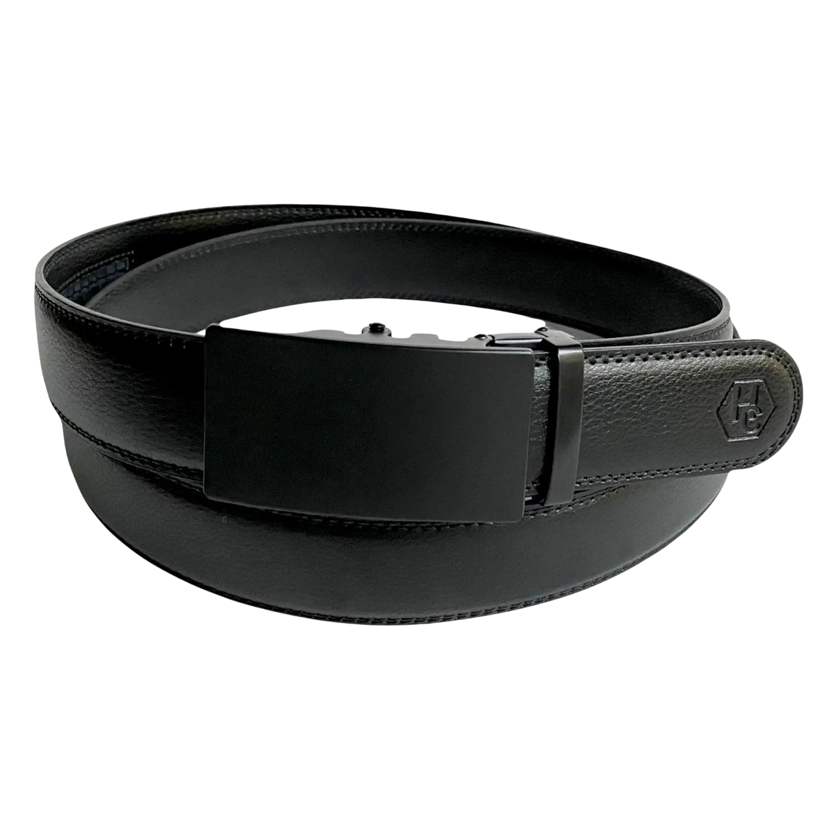 Black leather ratchet belt with black buckle, front view