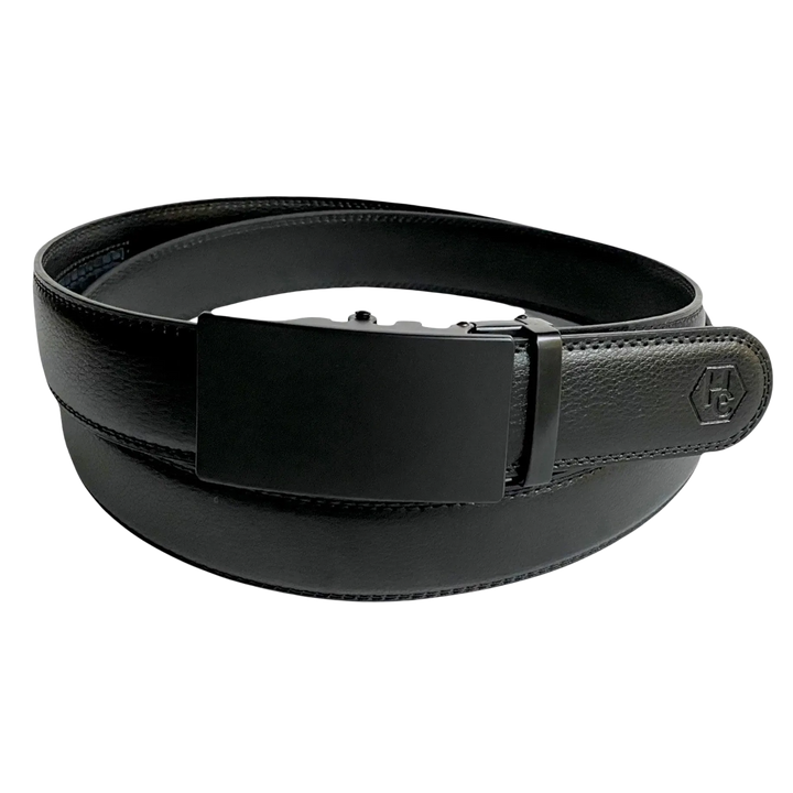 Black leather ratchet belt with black buckle, front view