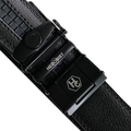 Black leather ratchet belt with black buckle, hardware close-up
