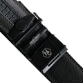 Black leather ratchet belt with black buckle, hardware close-up
