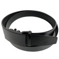 Black leather ratchet belt with black plate buckle, buckle detail close-up