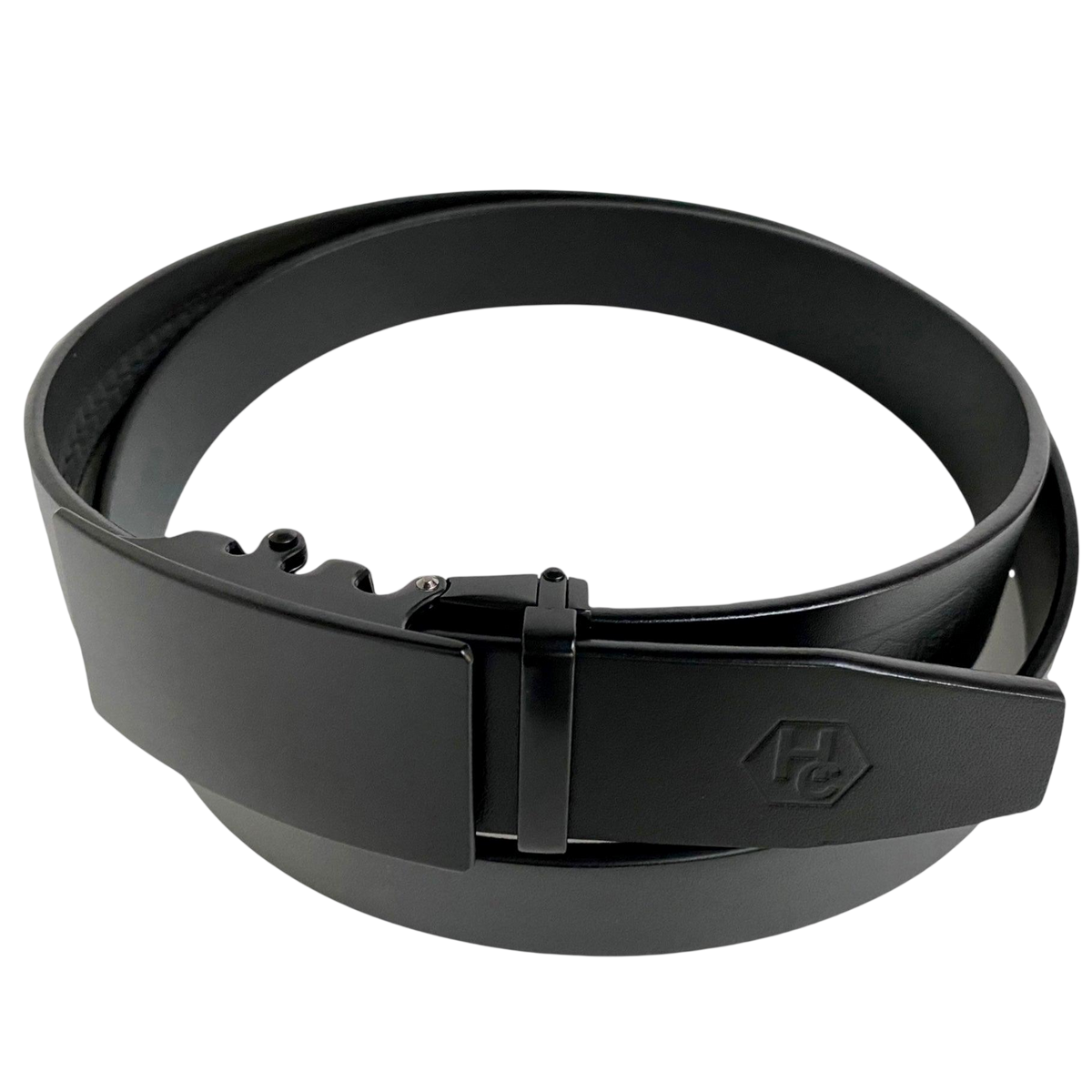 Black leather ratchet belt with black plate buckle, buckle detail close-up