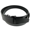 Black leather ratchet belt with black plate buckle, buckle detail close-up