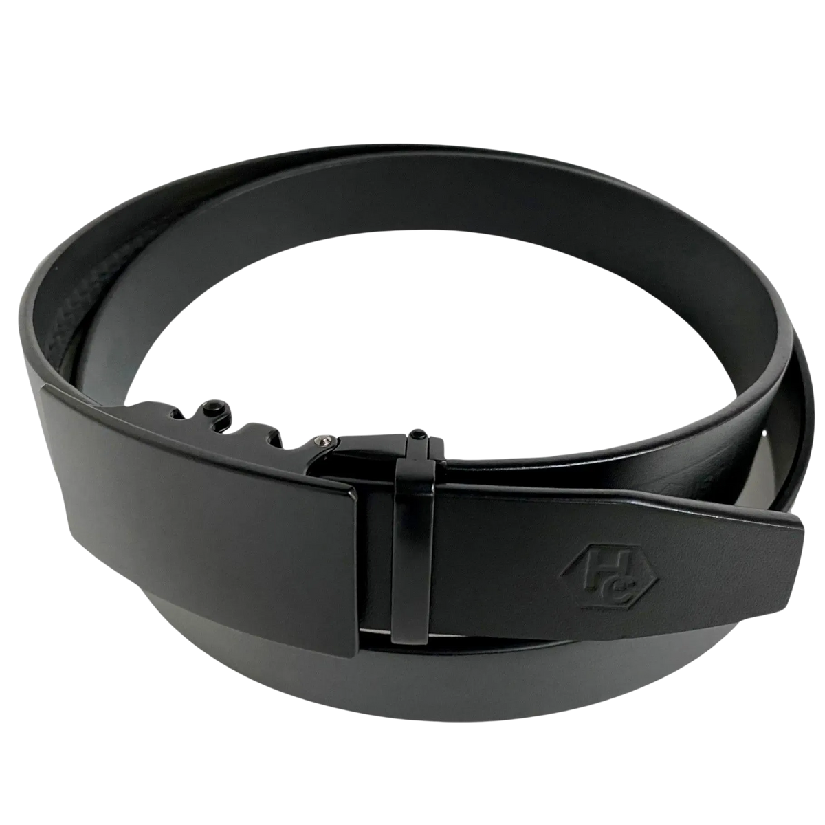 Black leather ratchet belt with black plate buckle, buckle detail close-up