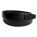 Black leather ratchet belt with black plate buckle, front view