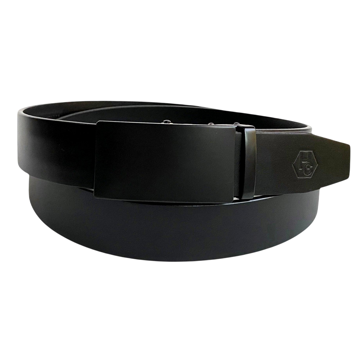 Black leather ratchet belt with black plate buckle, front view