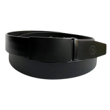 Black leather ratchet belt with black plate buckle, front view