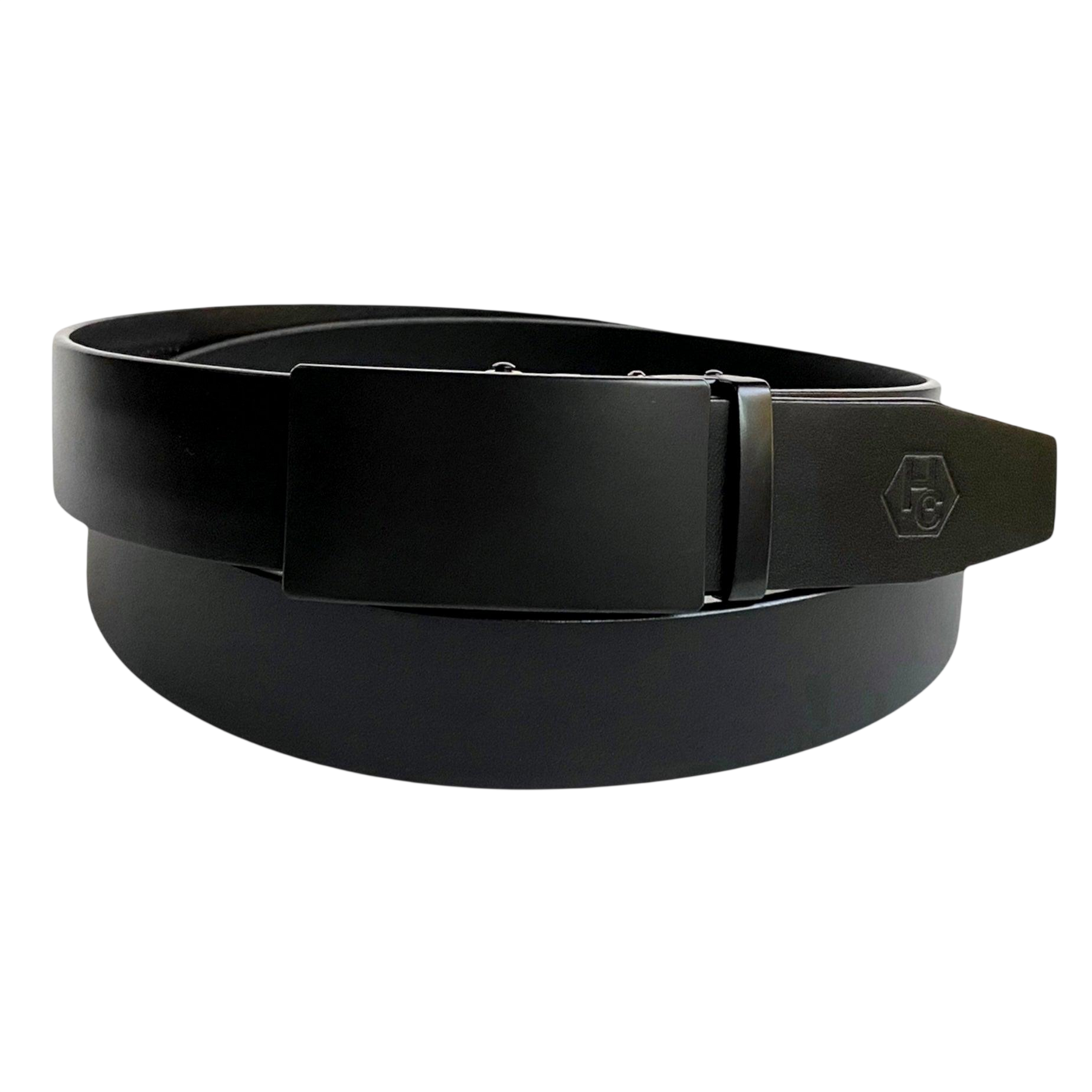 Black leather ratchet belt with black plate buckle, front view