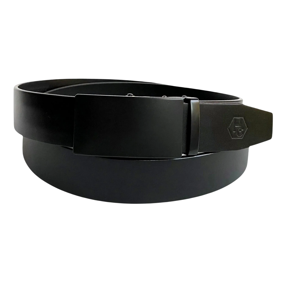 Black leather ratchet belt with black plate buckle, front view