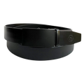 Black leather ratchet belt with black plate buckle, front view