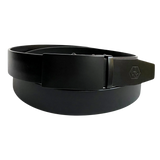 Black leather ratchet belt with black plate buckle, front view