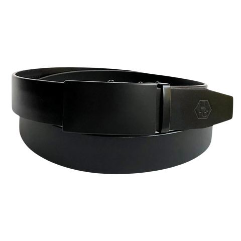 Black leather ratchet belt with black plate buckle, front view