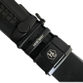 Black leather ratchet belt with black plate buckle, hardware close-up