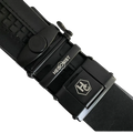 Black leather ratchet belt with black plate buckle, hardware close-up