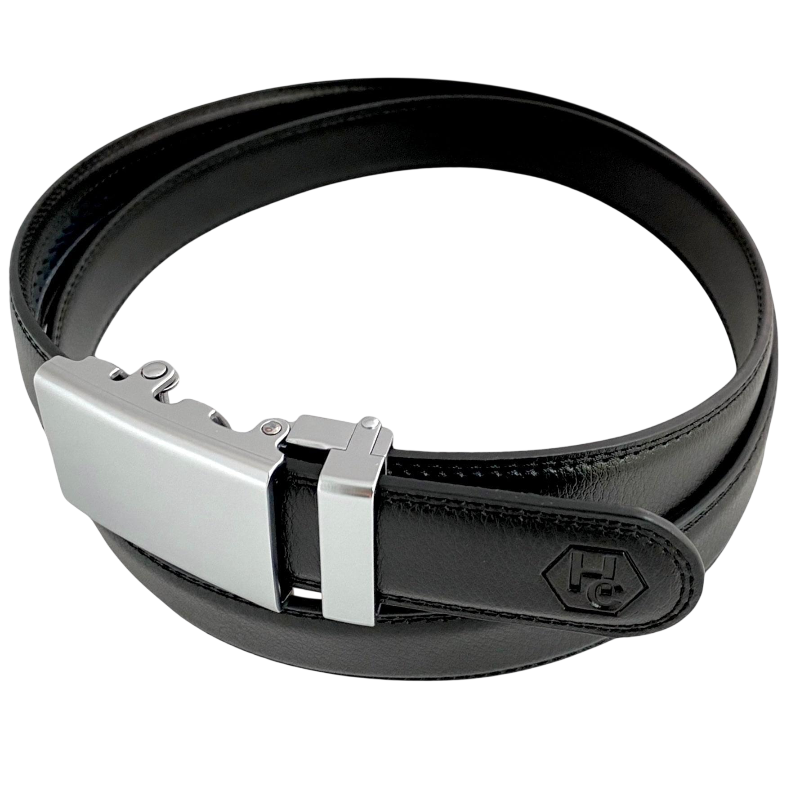 Black leather dress ratchet belt with blue-gray buckle, buckle detail close-up