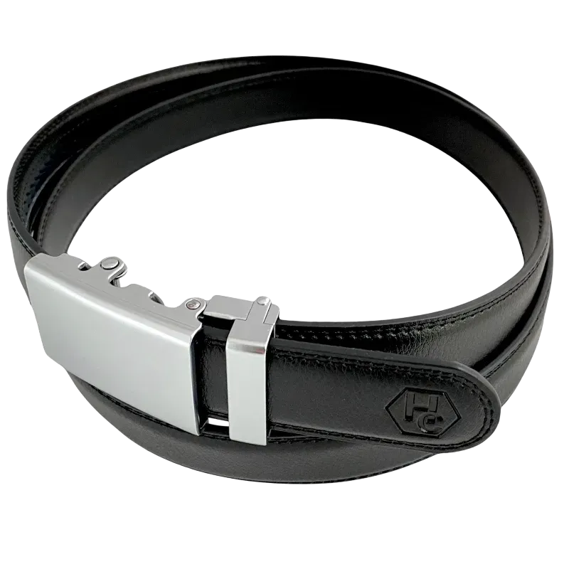 Black leather dress ratchet belt with blue-gray buckle, buckle detail close-up