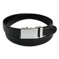 Black leather dress ratchet belt with blue-gray buckle, front view