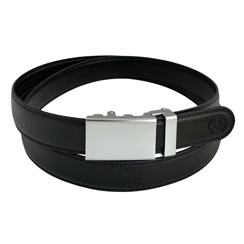 Black leather dress ratchet belt with blue-gray buckle, front view