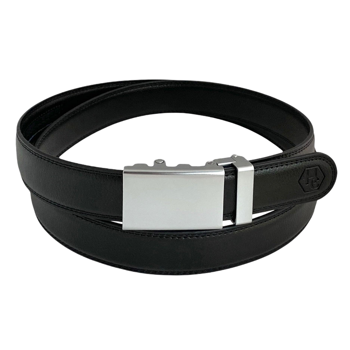 Black leather dress ratchet belt with blue-gray buckle, front view