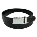 Black leather dress ratchet belt with blue-gray buckle, front view