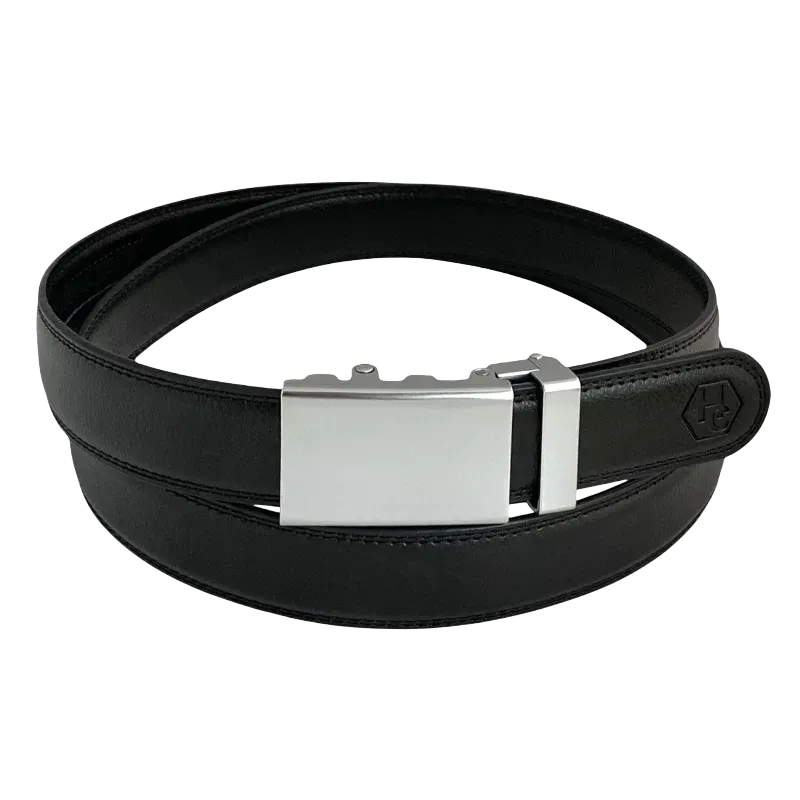 Black leather dress ratchet belt with blue-gray buckle, front view