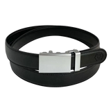 Black leather dress ratchet belt with blue-gray buckle, front view