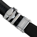 Black leather dress ratchet belt with blue-gray buckle, hardware close-up