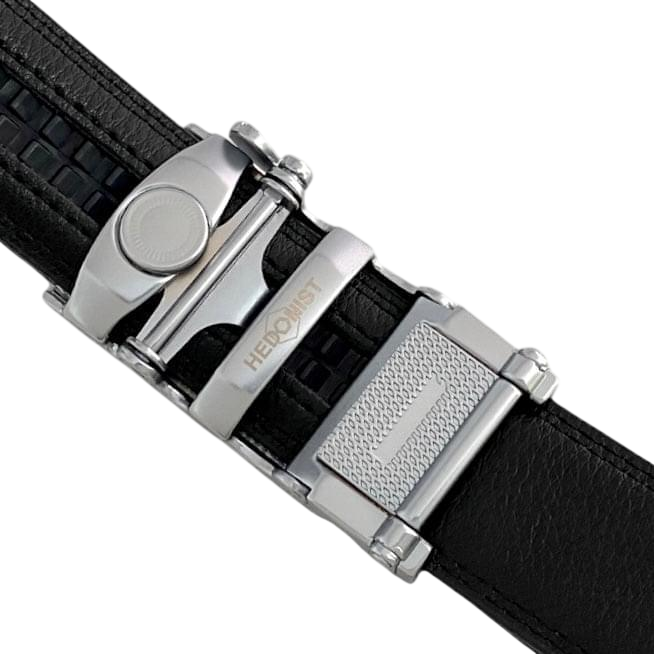 Black leather dress ratchet belt with blue-gray buckle, hardware close-up
