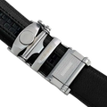 Black leather dress ratchet belt with blue-gray buckle, hardware close-up