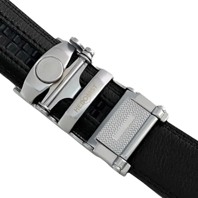 Black leather dress ratchet belt with blue-gray buckle, hardware close-up