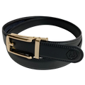 Black leather dress ratchet belt with gold buckle, buckle detail close-up