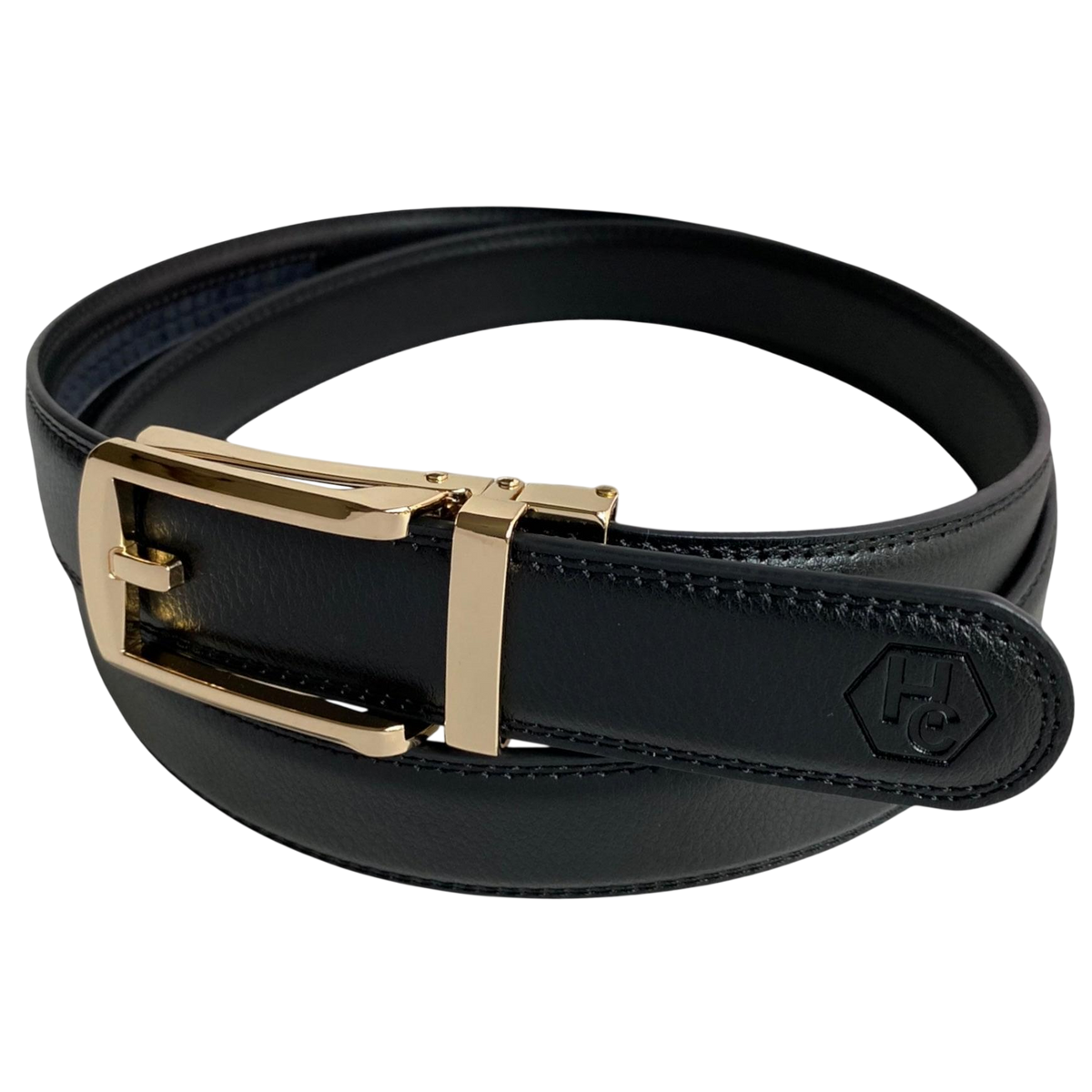 Black leather dress ratchet belt with gold buckle, buckle detail close-up