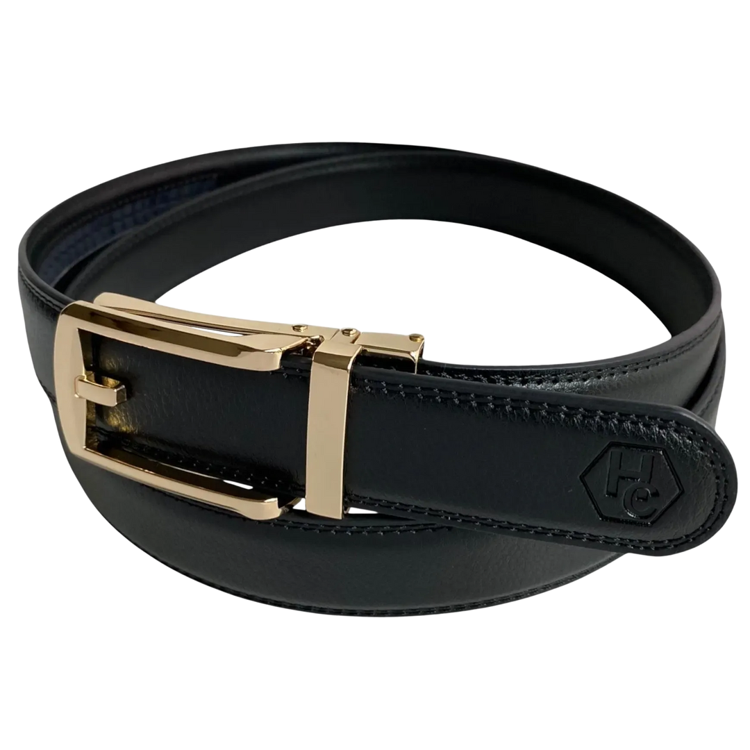 Black leather dress ratchet belt with gold buckle, buckle detail close-up