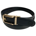 Black leather dress ratchet belt with gold buckle, buckle detail close-up