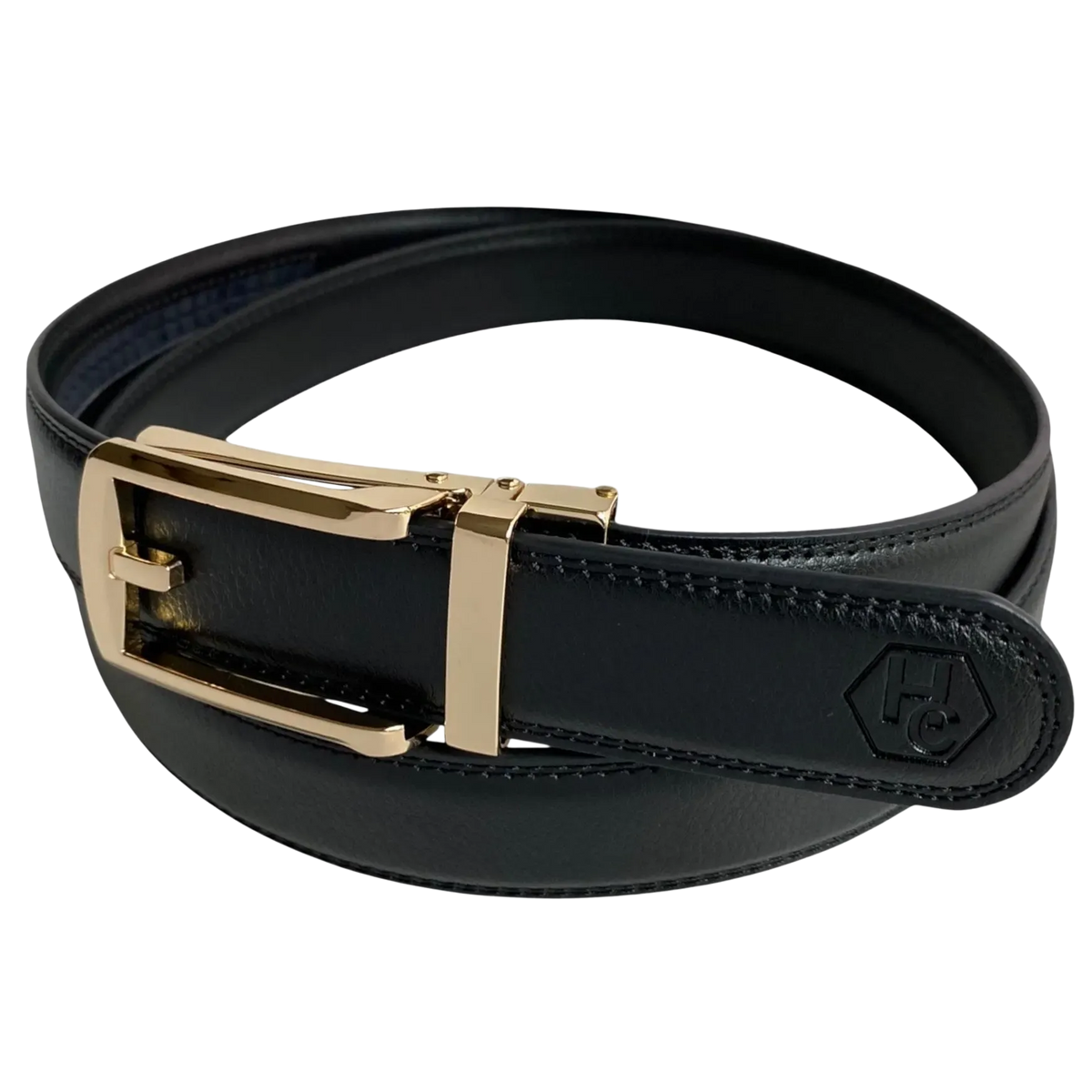 Black leather dress ratchet belt with gold buckle, buckle detail close-up