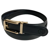 Black leather dress ratchet belt with gold buckle, buckle detail close-up