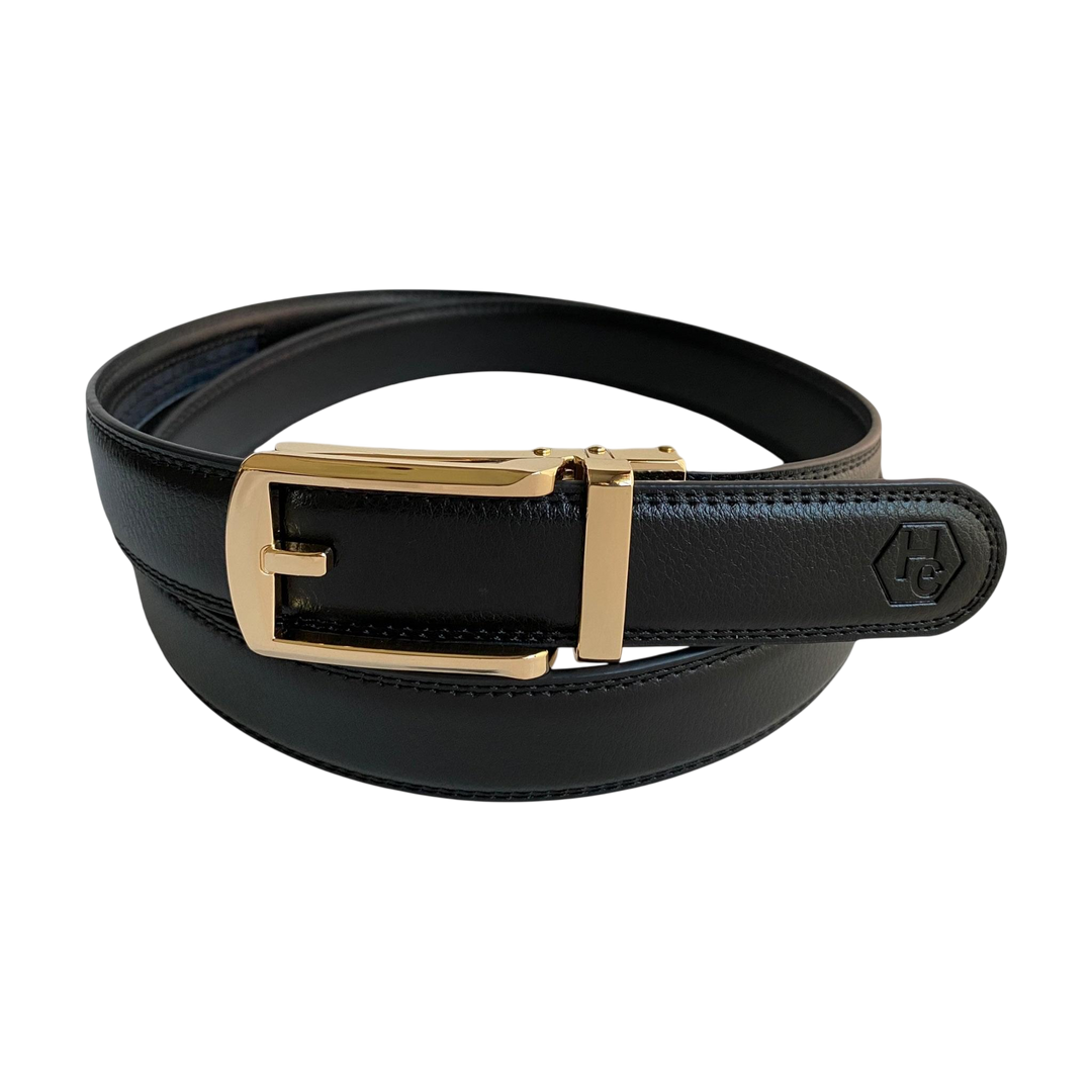 Black leather dress ratchet belt with gold buckle, front view
