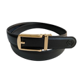 Black leather dress ratchet belt with gold buckle, front view
