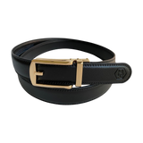 Black leather dress ratchet belt with gold buckle, front view