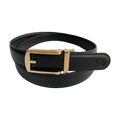 Black leather dress ratchet belt with gold buckle, front view
