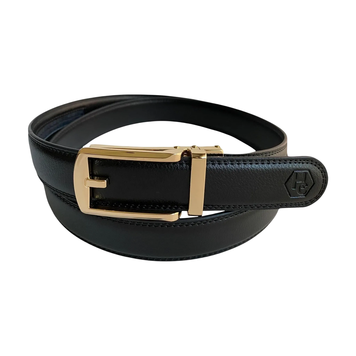 Black leather dress ratchet belt with gold buckle, front view
