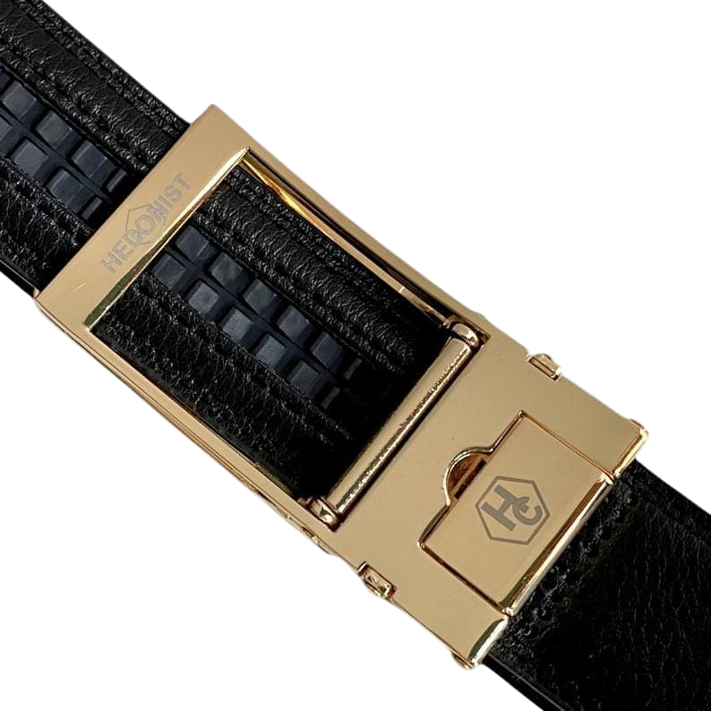 Black leather dress ratchet belt with gold buckle, hardware close-up