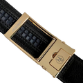 Black leather dress ratchet belt with gold buckle, hardware close-up