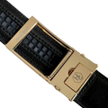 Black leather dress ratchet belt with gold buckle, hardware close-up